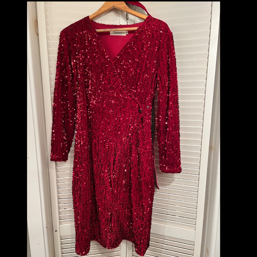 Queenia below knee red sequins dress with belt